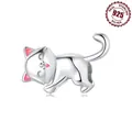 Cute sterling silver cat charm with pink enamel details for DIY charm bracelets - Cute Cat Bead 0418