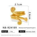 Detailed view of 18K gold plated stainless steel ring with spiral texture and size metrics - Adjustable Open / Golden Spiral Curve Style (NB-R24189)