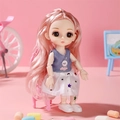 Articulated doll with long pink hair wearing a blue vest and white starry tulle skirt - Star White Dress Girl