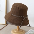 Dark brown wide-brim sun hat with checkered bow and textured fabric on wooden stand - M (56-58cm) / Coffee