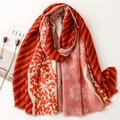 Bohemian style soft floral scarf with geometric patterns and red accents on white background - Orange and Pink