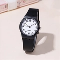 Minimalist quartz watch with white dial, black numbers and pink silicone strap - Black