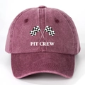 Detail of burgundy washed cotton baseball cap with checkered racing flags and Pit Crew print - Burgundy