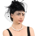 Elegante cappellino fascinator nero con velo, fiori in rete e piume per feste nuziali - Nero