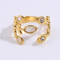 Elegant gold titanium steel ring with leaf pattern and sparkling crystals - White Garland Style (JZ22-1)