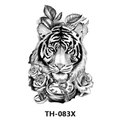 Waterproof tattoo sticker featuring realistic tiger head, rose, and vintage pocket watch - Th-083 / 210*148mm