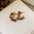 Detailed macro view of vintage gold hoop earrings with tiger eye stones and white pearls - 27# Silver Earring Post-Gold & Brown-Real Gold Plated