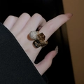 Close-up of gold-plated ring with crystal square stones and pave sphere on finger - 5# Ring - Gold - Real Gold Plated