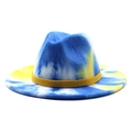 Regenboog tie-dye wollen fedora hoed met platte rand en lint voor heren en dames - M (56-58cm) / Blauw Geel Tie-dye #4