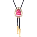 Pink agate stone bolo tie with golden crown scrollwork slider and braided leather cord - 26 (Gold with Pink Agate)