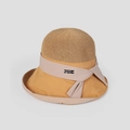Close-up detail of an elegant women's sun hat with straw crown and mustard brim - M (56-58cm) / Yellow