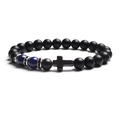 Detail of beaded bracelet with black matte stones, blue accents and silver cross charm - Blue Stone Bead Style / 6mm