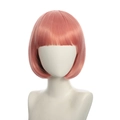 Detail of peach pink bob wig with bangs on a mannequin showing fiber texture - Peach Pink