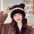 Winter plush bear ear hat in black and white striped faux fur for cold weather warmth - Fur Yarn Edging-Black