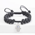 Handgefertigtes Hamsa Hand und Evil Eye Lavastein Armband mit doppelten schwarzen Perlen - Vulkanstein Doppellagiger Stil (Stil-1)