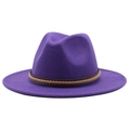 Classic dark purple wool fedora hat with a brown braided faux leather band and wide brim - M (55-58cm) / Purple