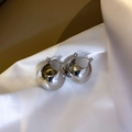 Detail view of silver spherical hoop earrings on glossy white silk fabric with soft focus - Spherical Hoop Earrings (6#)