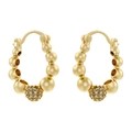 Detailed close-up of golden beaded hoop earrings with pavé-set white zircon ball drop - VE1221 Pave CZ Ball Hoop / Gold