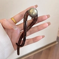 Pinza para el pelo de resina marrón oscuro con una gran perla gris para peinados - Gris Transparente con Perla Gris