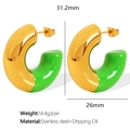 Minimalist gold-plated C-shaped earrings with green oil-dripping finish and dimensions - EH477 Gold Green Enamel Style