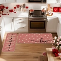 Detail of pink kitchen mat set with heart patterns and Hello Valentine text on wood floor - 50cmx80cm / Morandi Pink Heart Style