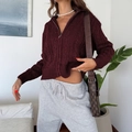 Women's burgundy cable knit long sleeve cardigan with zipper closure for autumn wear - S / Burgundy