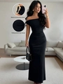 Detail of elegant gold metal shoulder accessories and double-layer folding on black dress - S / Black
