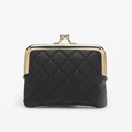 Vintage black quilted leather mini wallet with golden kiss-lock frame and diamond pattern - Black