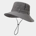 Dettaglio cappello parasole grigio scuro con occhielli in metallo e cordino antivento - Taglia unica / Grigio Medio
