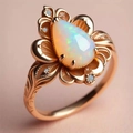 Vintage rose gold leaf ring with water drop opal stone in elegant floral design - Champagne Gold / US 8