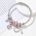 Silver steel wire bracelet with pink crystal beads, heart pendant and swan charm - Pink