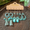 Bohemian 3-pair set of bronze earrings with turquoise stones and vintage tassels - Hollow Tassel Rose Flower Drop Style (HQEF-1659)