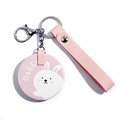 Pink leather keychain with white round rabbit pendant and sturdy metal ring fastener - White Rabbit