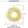 Detailed size chart of a 39mm sun-shaped stainless steel pendant in gold finish - Hollow Sun Pendant (VG970)