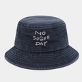 Detailed view of NO SOBER DAY embroidery on washed cotton canvas fisherman bucket hat - M(56-58cm) / Navy Blue