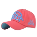 Red baseball cap with blue embroidery featuring graffiti lettering and a side smile logo - Adjustable / Red