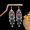 Bohemian tassel drop earrings in antique silver finish with red center bead detail - Antique Silver + Red Stone + Long Tassel (E2436-12)