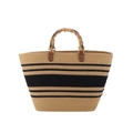 Borsa tote in paglia a righe con manici in bambù e motivo intrecciato kaki nero - Manico in bambù piatto 45cm alto 28cm / Cachi & Nero