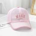 Close-up of pink breathable mesh sun hat for kids featuring Nice and Good embroidery - 52cm (3-6 Years) / Pink