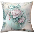 Mint green Christmas pillow cover with floral wreath design and soft winter forest scene - Pink Flower Ball with Blue Bow