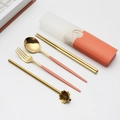 Golden stainless steel portable utensil set with pink handles and matching storage case - Type D Orange+Gold