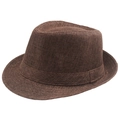 Detailed view of the dark coffee linen weave texture and ribbon on the fedora hat - Approx. 58cm / Coffee