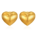 Polished 18K gold plated stainless steel hollow heart earrings with vertical stripes - Oil Pressed Heart Hollow Gold