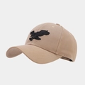 Close-up of eagle embroidery on khaki cotton baseball cap with multi-stitch brim detail - Khaki