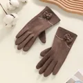 Elegant dark brown winter touch screen gloves with bow decoration and knit texture - One Size / Herringbone Bow Coffee