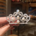 Silver girls crown hair comb with sparkling rhinestones and white pearls detail - 326-17# Pearl Crown (Medium)