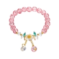 Pink crackle crystal beaded bracelet with white daisy charm and gold accents - Flower Tassel Style 2 / Rose Red