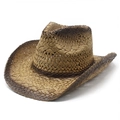 Vintage straw cowboy hat with burnt edge finish and hollow weave on white background - M (56-58cm) / Khaki + Dark Brown
