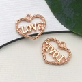Rose gold heart pendants with LOVE engraving for DIY jewelry making, set of 2 pieces - Textured Heart LOVE