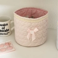 Pink gingham fabric storage bin with lace trim and bow for desk organization - Pink Gingham
